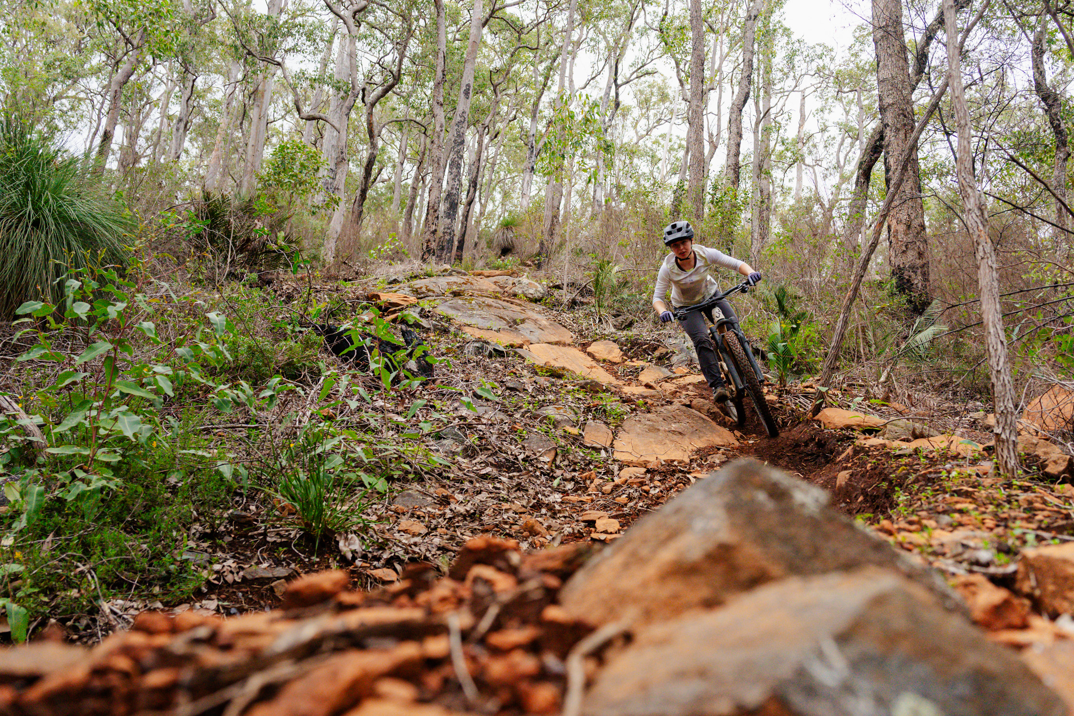 A mountain biker making their way down a rocky descent in Collie, WA